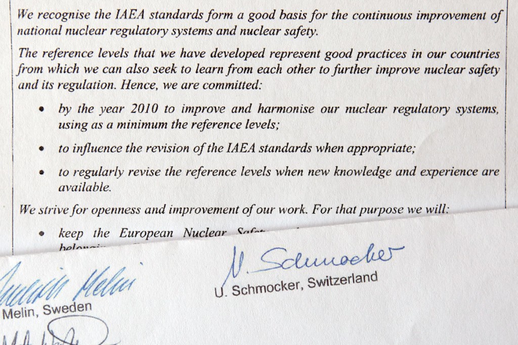 We recognise the IAEA standards form a good basis for the continuous improvement of national nuclear regulatory systems and nuclear safety.  The reference levels that we have developed represent good practices in our countries from which we can also seek to learn from each other to further improve nuclear safety and its regulation. Hence, we are commited:      by the year 2010 to improve and harmonise our nuclear regulatory systems, using as a minimum the reference levels;